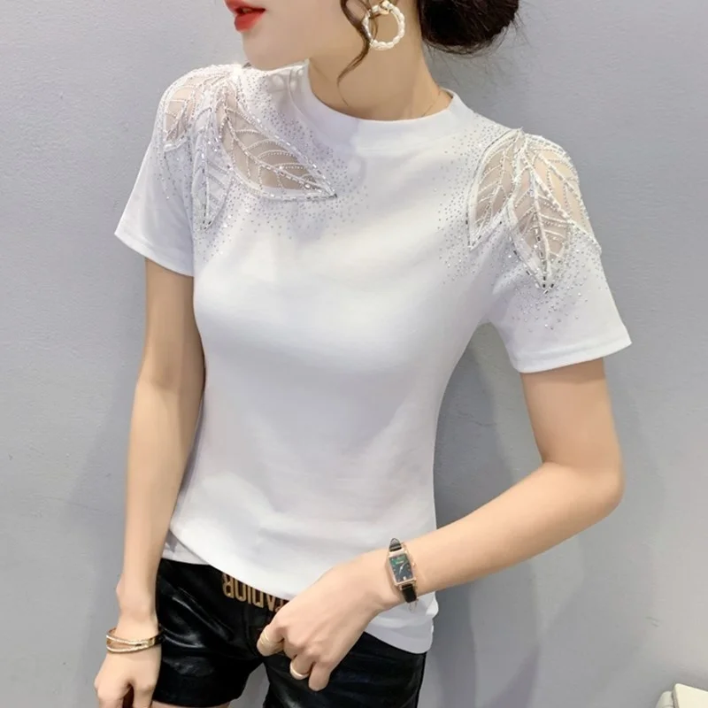 #5315 Black White Green Red Short Sleeve T Shirt Women Spliced Mesh Diamonds Sexy Hollow Out Skinny T-shirt Femme O-neck Summer