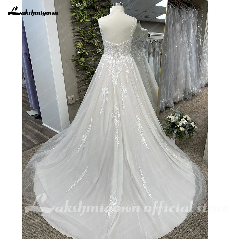 Lakshmigown Modern V-neck Wedding Gown For Bride Lace Appliques A-line Backless Sequined Spaghetti Straps Robe De Mar Customized