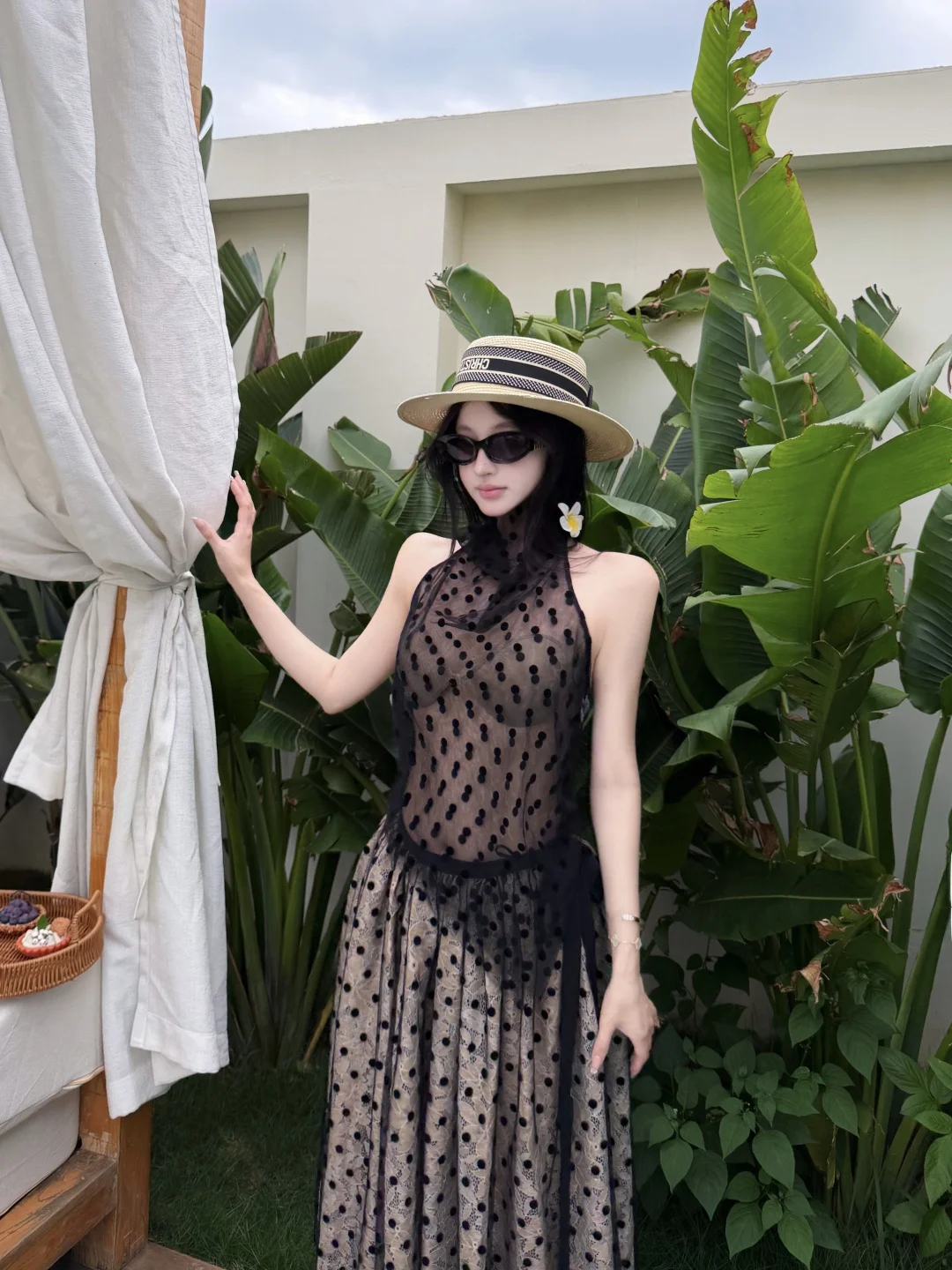 

Black Polka Dot Mesh Neck Hanging Backless Vest Women Summer Pure Desire Set Midi Skirt Two Piece Set Breathable Lightweight ...