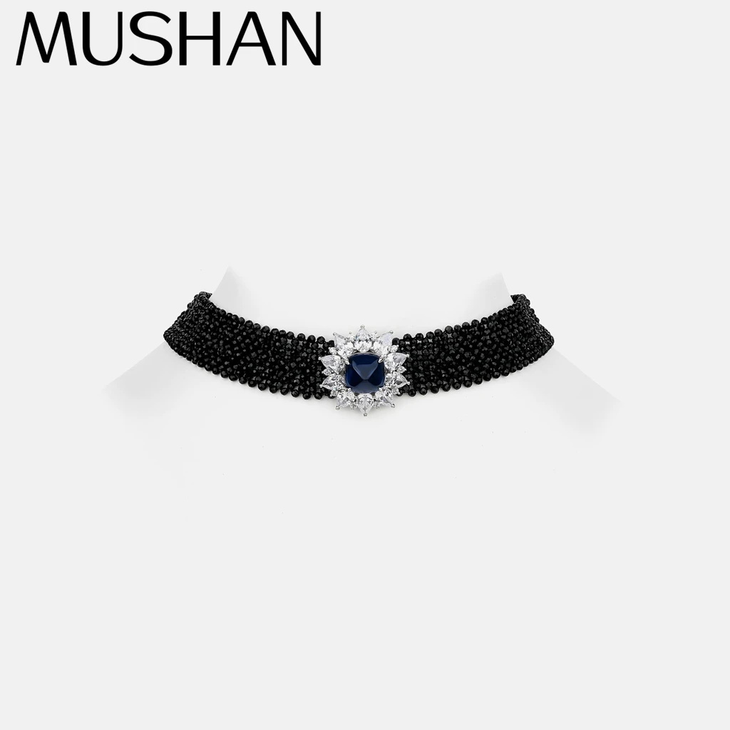 MuShan Luxury Jewelry 925 Sterling Silver Necklace Lab Grown Sapphire Asscher Statement Necklace for Women 18K Gold Plated Neckl