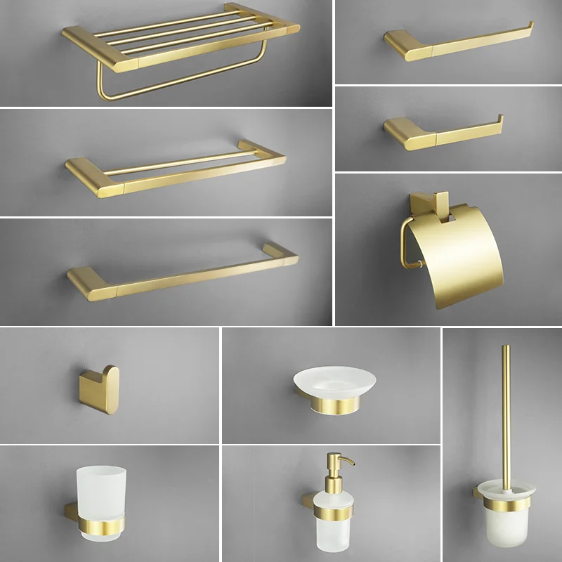 

Brushed Gold Bathroom Accessories Hardware Towel Bar Rail Toilet Paper Holder Towel Rack Hook Toilet Brush Soap Dispenser