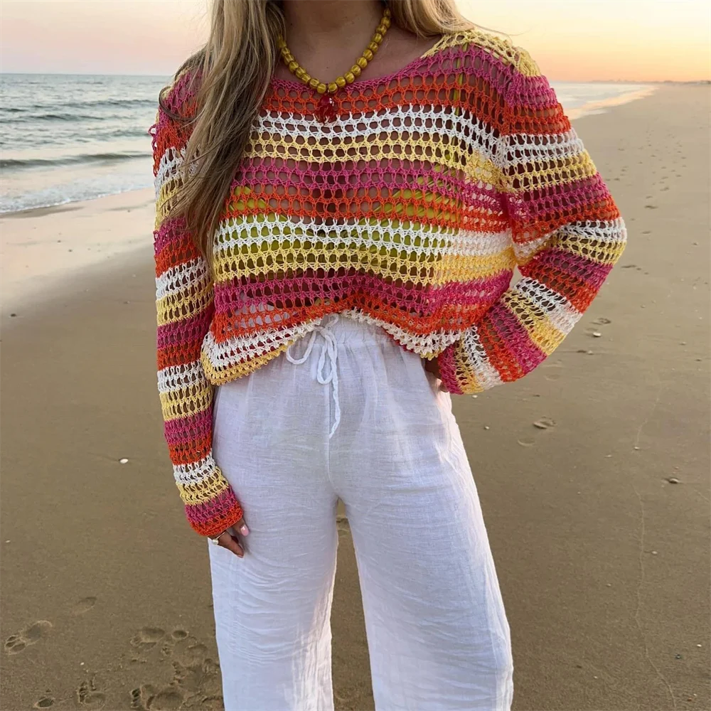 PB&ZA 2024 Summer New Women\'s Fashion Style Casual Loose Versatile Knitted Hollow Colored Stripes Long Sleeves