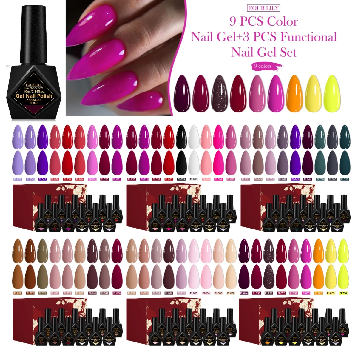 

12PCS FOUR LILY Nail Gel Polish Set Translucent Clear Pink Nail Art Semi Permanent Soak Off UV LED Varnish Manicure Nails Kit