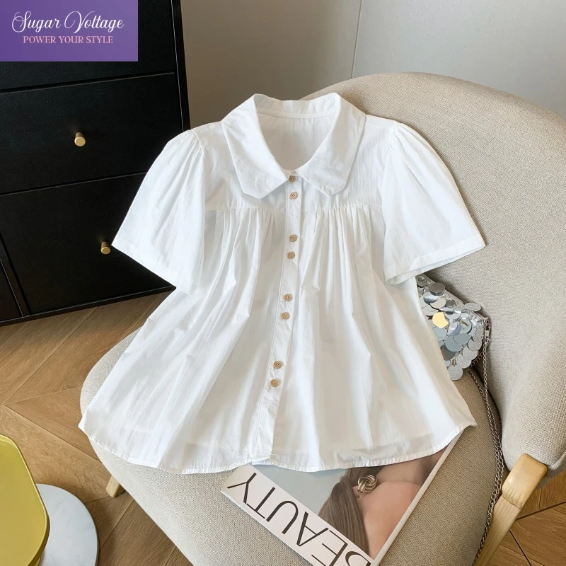 

Sweet Peter Pan Collar Cotton Blouse Women Summer 2025 Puff Sleeve Gold Button Short Shirt French Vintage Doll Tops Cute Style