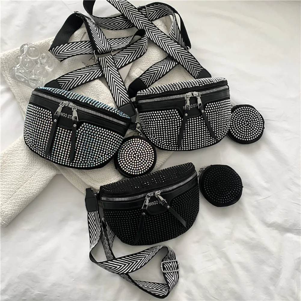 Fashion Rhinestone Waist Belt Bag Women Chest Crossbody Pack PU Bling Fanny Pack for Outdoor Shopping Business