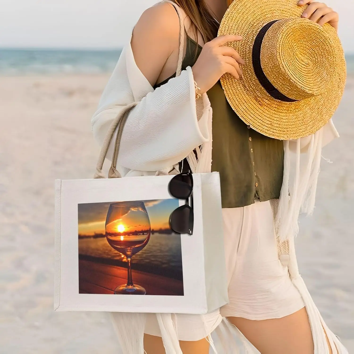 Copa de vino al atardecer, bolso de mano de lona impreso, bolso de moda, bolso de compras de hombro