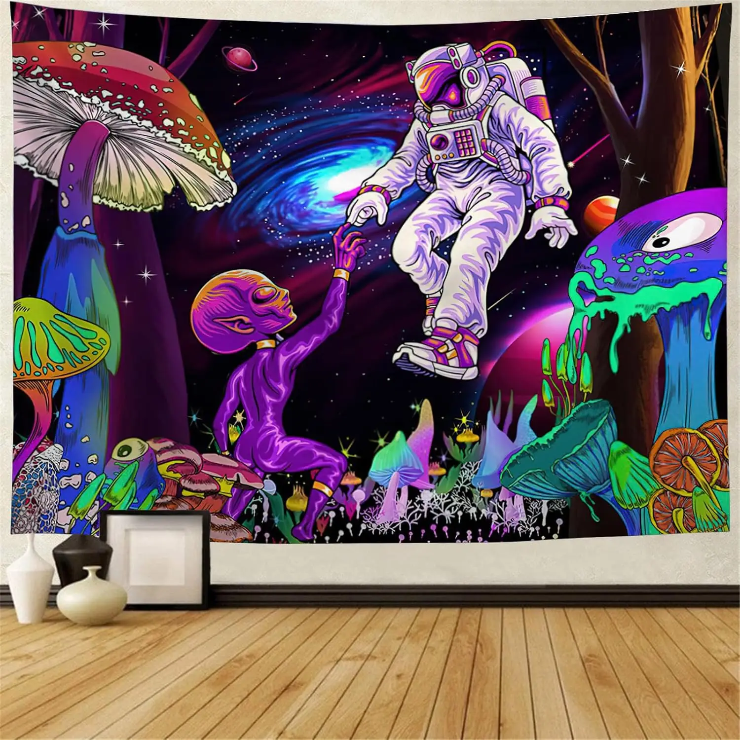 Blacklight Astronaut Space Tapestry – Alien Mushrooms & Glow-in-the-Dark Galaxy for Teen, Boy or Men’s Room Decor