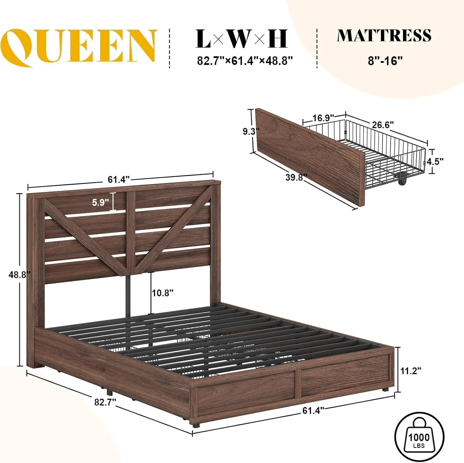 Queen Farmhouse Bed Frame 4 Drawers, Wooden Platform Barn Door Headboard, Metal Slats No Box Spring, Easy Assembly,Customized