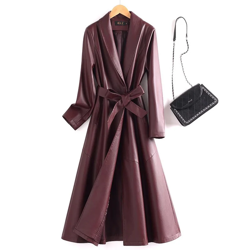 New Women Elegant Split Leather Coat Spring Autumn Fashion Suit Collar Slim Waist With Belt Long Trench Casual Coat Female