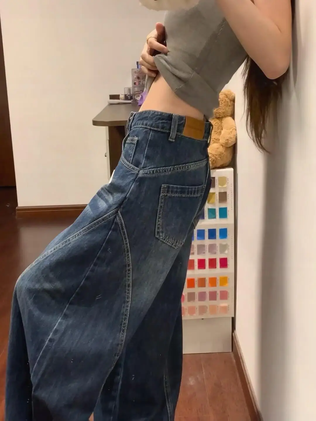 

American Retro Wide Leg Jeans Women Loose Slimming Floor-Length Scythe Pants Trendy High Waist Denim High Waist Pocket Drawst...