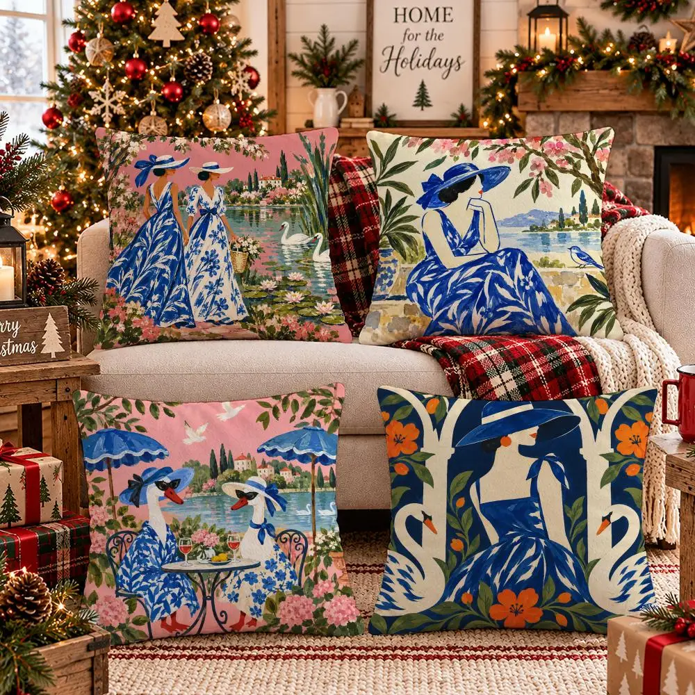 Blue Garden Figures Cushion Cover 1/4Pcs Soft Plush Throw Pillow Cover Double-Sided Print Sofa Living Room Decor
