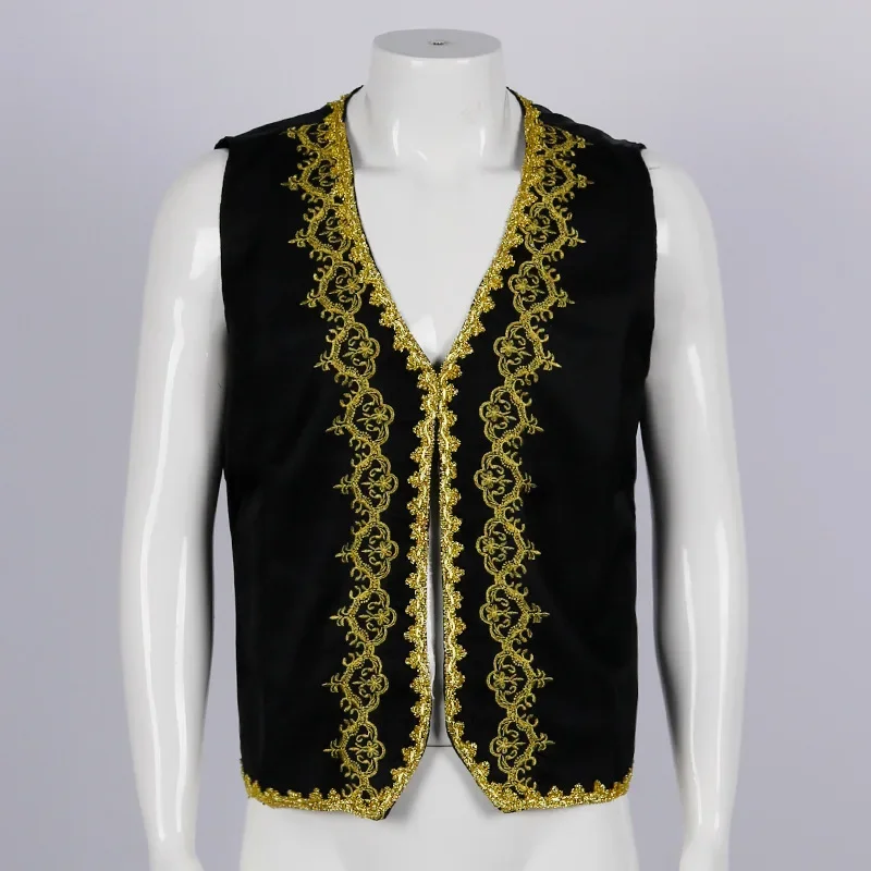 Medieval Gold Embroidery Baroque Vest Men Slim Fit Palace Prince Black Vest Waistcoat Men Stage Prom Drama Opera Costume Gilet