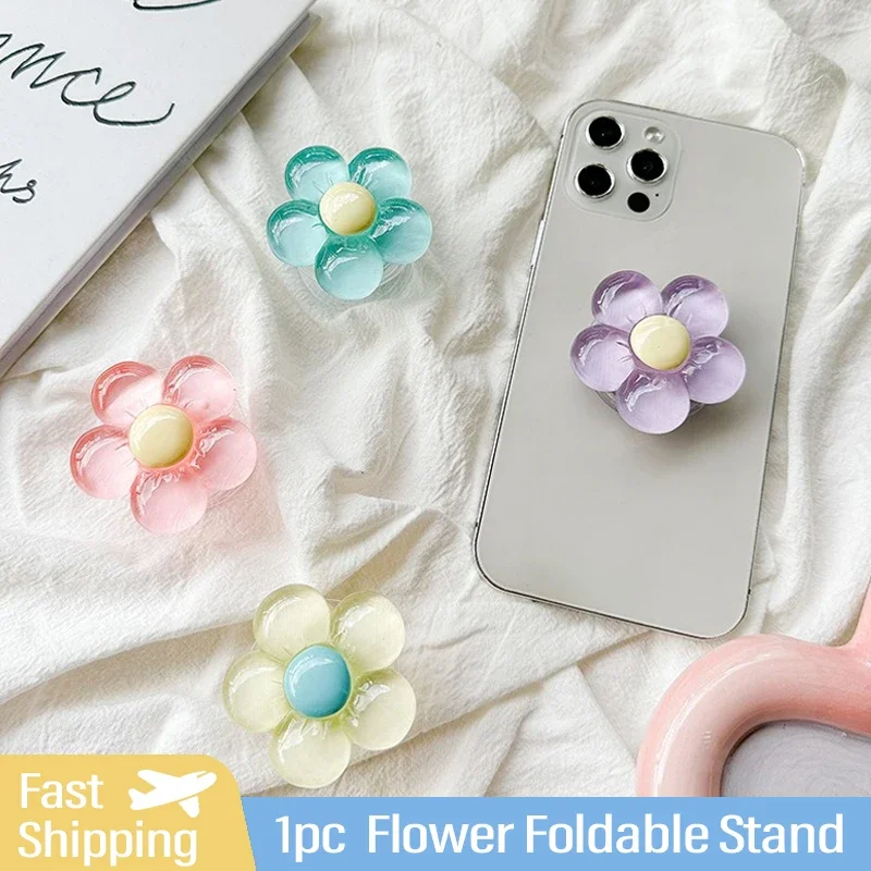 1pc Transparent Resin Candy-Colored Flower Phone Holder Foldable Desktop Stand Cute Floral Retractable Grip for Mobile Devices