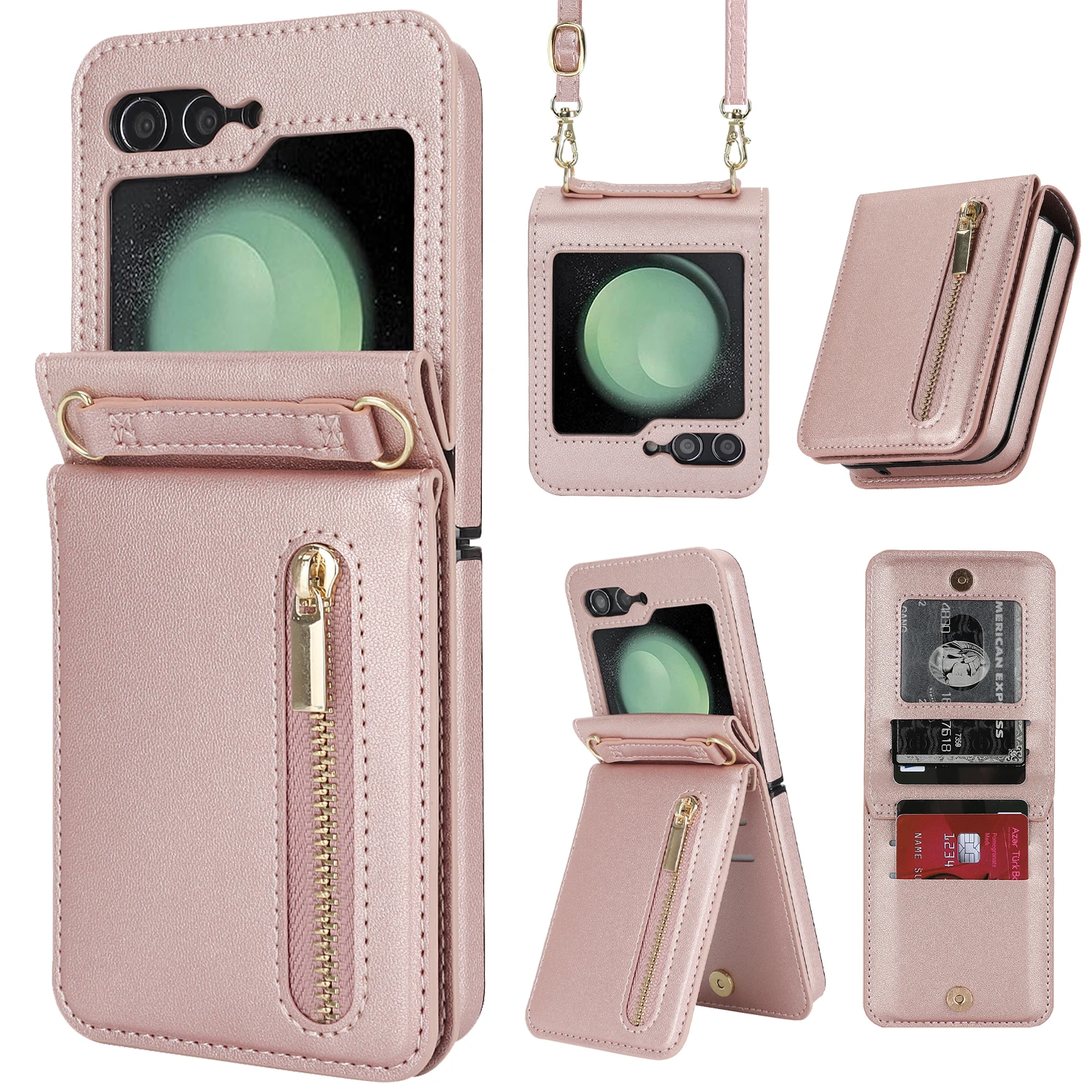 

Crossbody Zipper Wallet with Card Holder Phone Case for Samsung Galaxy Z Flip 6 5 4 3 Flip6 Flip5 Flip4 Flip3 5G Leather Cover