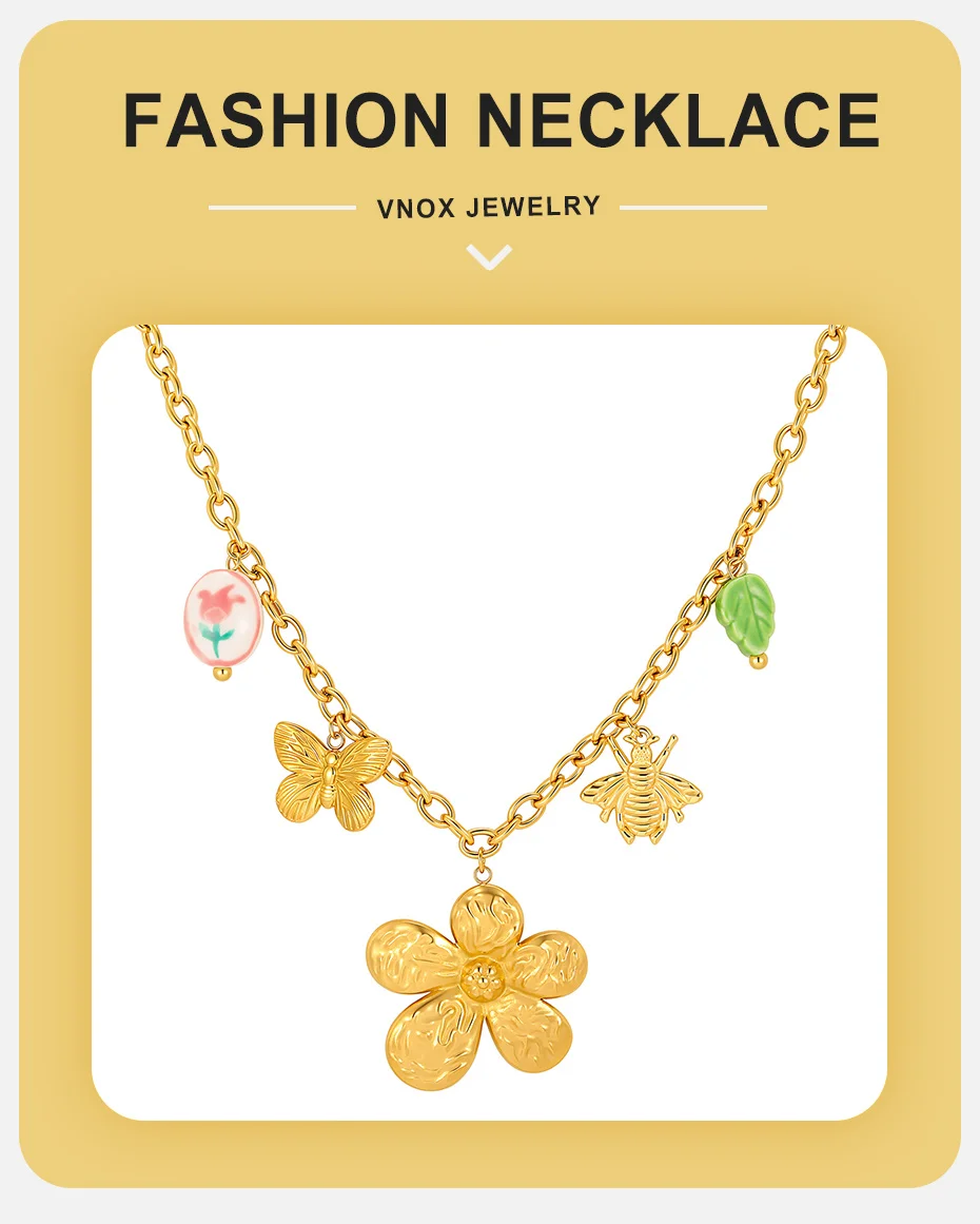 Vnox 18K vergoldete Schmetterlings-, Bienen- und Blumenanhänger-Halskette für Frauen, minimalistische, süße, florale Schlüsselbeinkette, Urlaubsschmuck – Detail 1