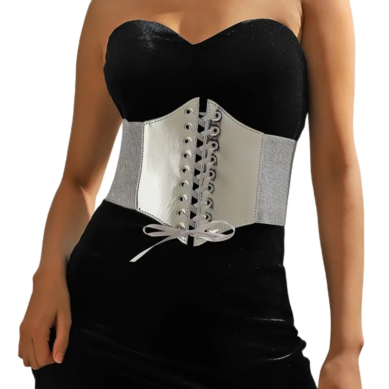 Silver Corset Belt For Women Wide Dress Belt y2k Lace-up Elastic Waist Belt Drop Shipping