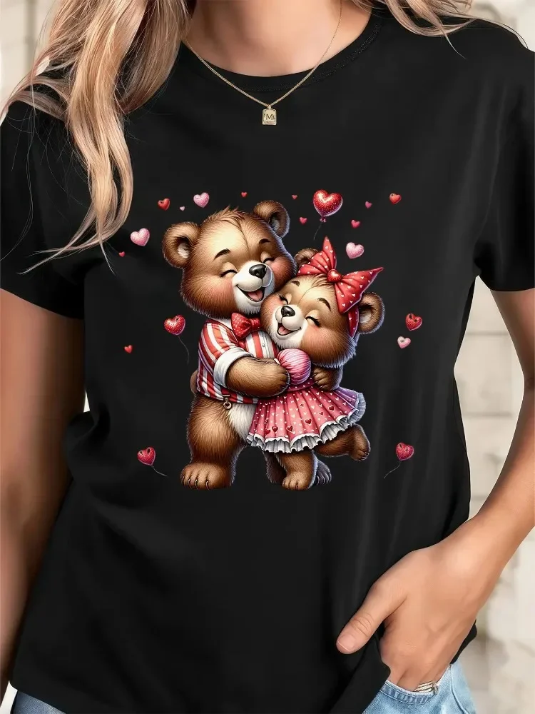 Ladies Valentine Day Bear Hug Heart Bow Print T-Shirt Cute Bear Couple & Heart Design Round Neck Short Sleeve Top Everyday Shirt