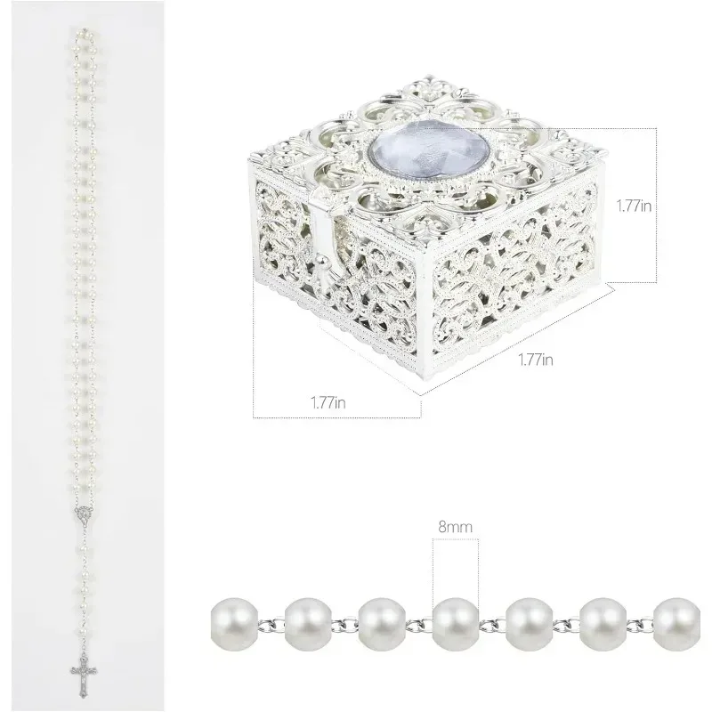 A Set Rosary Beads Catholic for Pack in Holy Cup Metal Gift Box for Girls Rosary Necklace First Communion Rosary Beads