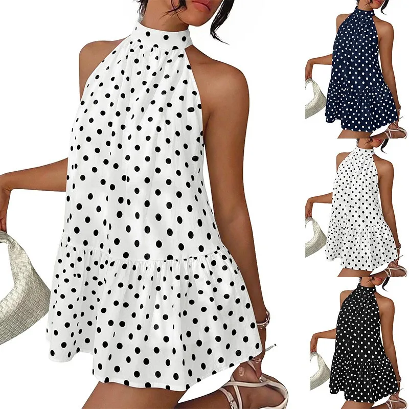Sommerkleid für Damen, Satin, Neckholder, Midi-Länge, lässiges Damen-Sommerkleid mit Polka-Dot-Print, Marineblau, weißes Slip-Kleid aus Chiffon
