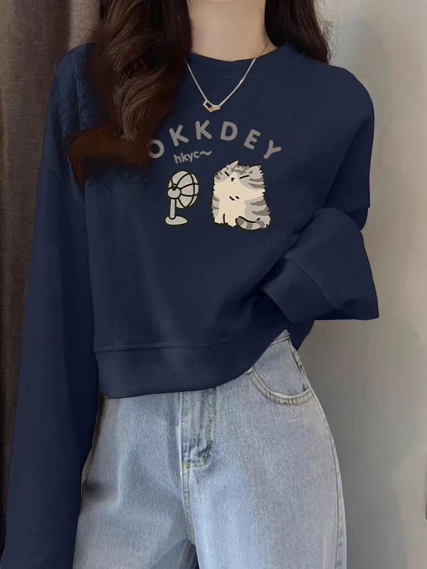 

Синий тонкий свитшот с принтом для женщин, модный топ с круглым вырезом, с завышенной талией, новинка ранней осени, корейская версия, полиэстер