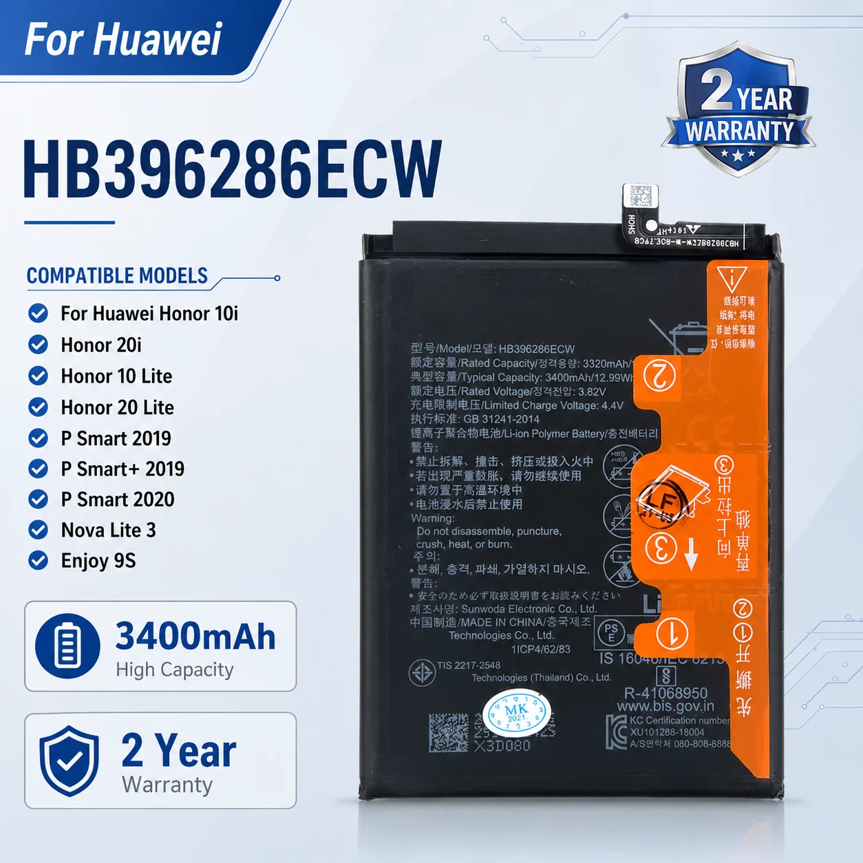 Batería de Celular para Huawei Honor 10 Lite, 20 Lite, 10i, 20i, P Smart 2019, Honor 20i, Enjoy 9S, HB396286ECW, 3400mAh