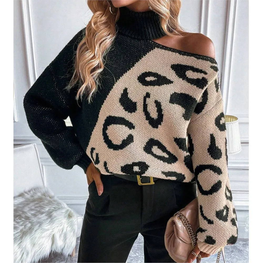 Winter Clothes Woman Pulls Femmes Off-shoulder Leopard Print Turtleneck Sweater All-match Loose Simple Style Comfortable Trendy