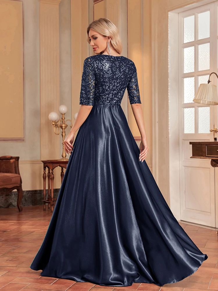 Xuibol elegante Kurzarm blau Pailletten Abendkleid Frauen Satin sexy V-Ausschnitt Hochzeits feier Abschluss ball Cocktail Boden Länge Kleider