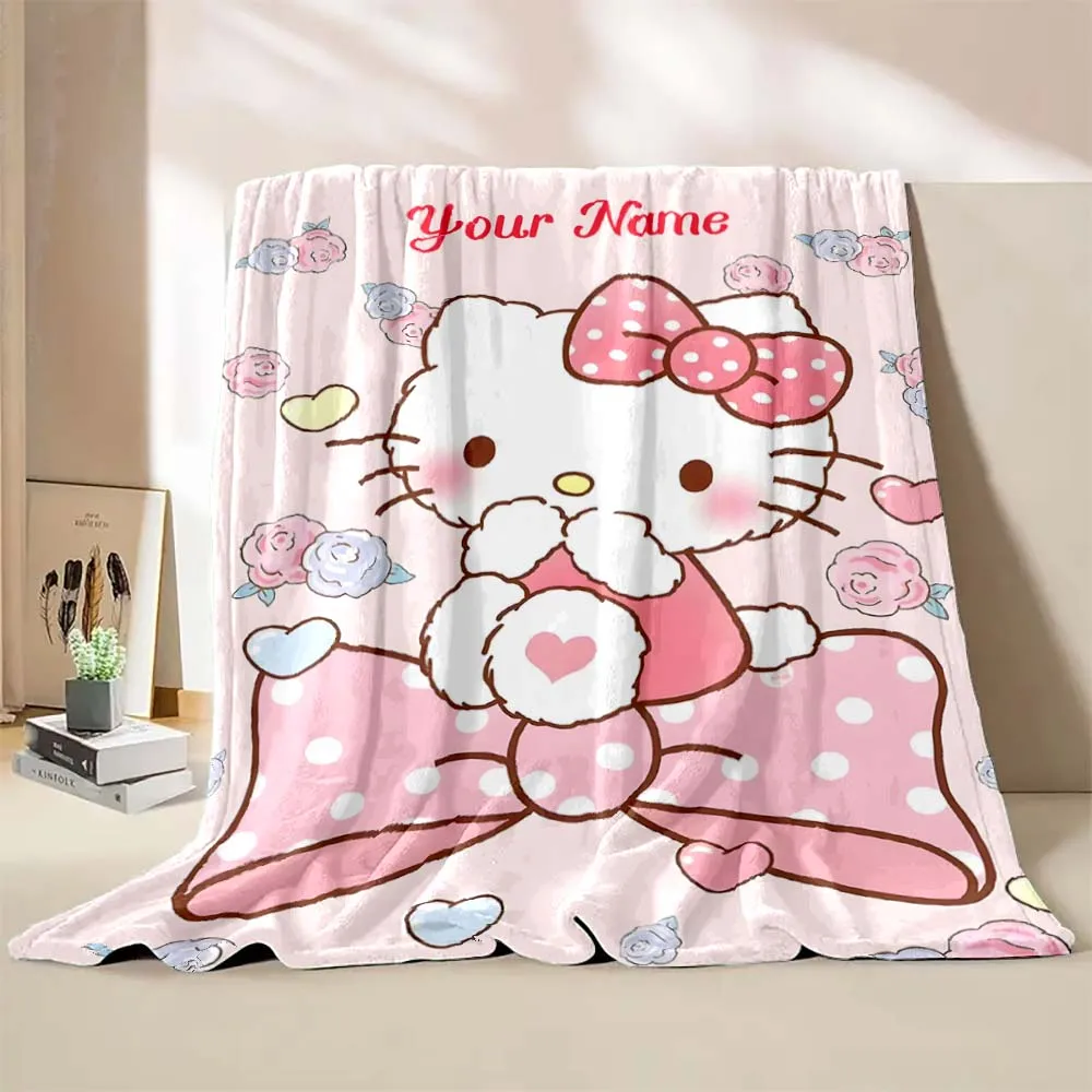 (Memo U Name)Custom Name Personalized Blanket Sanrio Hello Kitty Printed for Sofa Bed Cover Camping Blanket Suitable for Gifts