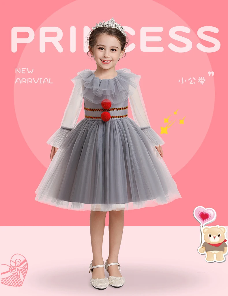 Kinder Mädchen Clown Cosplay Kostüm Graues Tüllkleid Rote Pompon-Ärmel Mit Handschuhen Für Halloween-Party – Detail 2