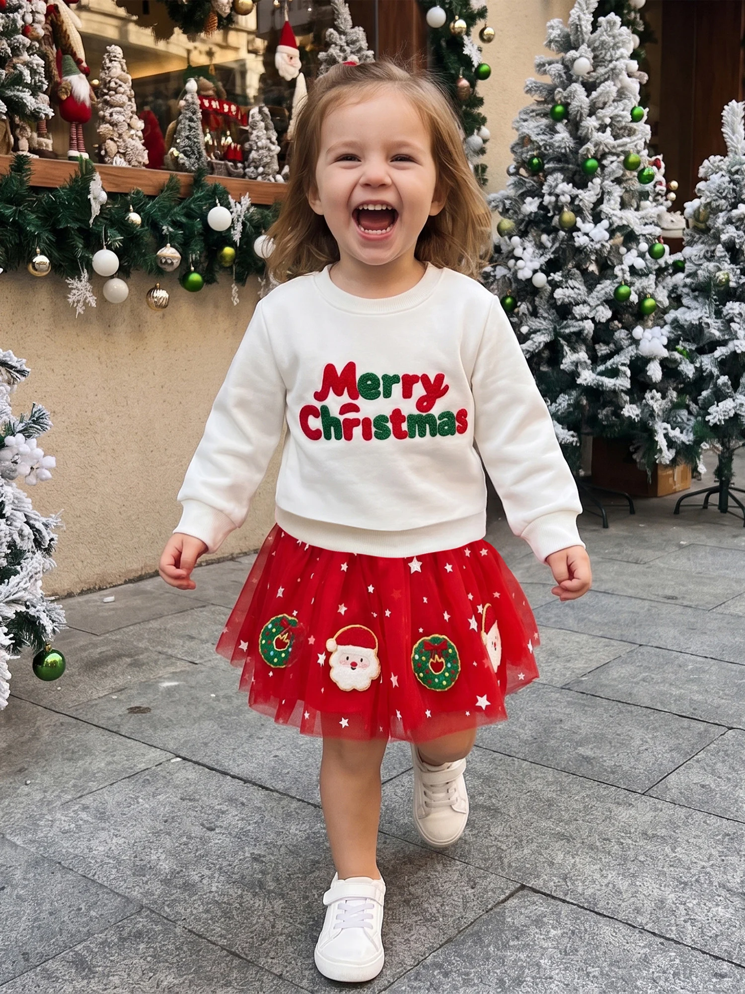 2 Tulle-Skirt Sweatshirt Star Tulle Crew Neck Toddler-Girl Christmas Outfit Glitter-Star 2 Pcs Toddler