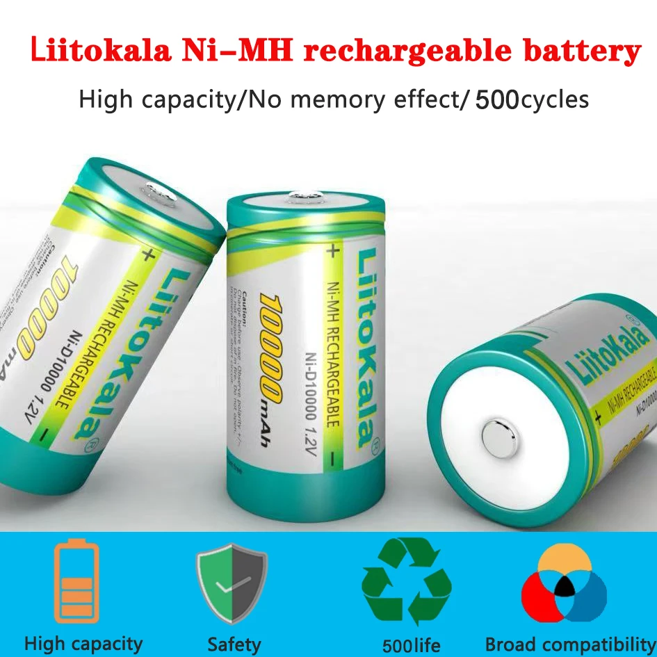 LittoKala 10000mAh Ni-MH D Battery Rechargeable 30A Drain Leak-Proof for Flashlights, Electric Toys