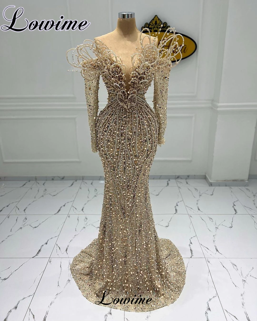 

Champagne Beaded Evening Dresses High Luxury Off Shoulder Pearls Celebrity Dresses Red Carpet Runway Dresses Robes De Soirée