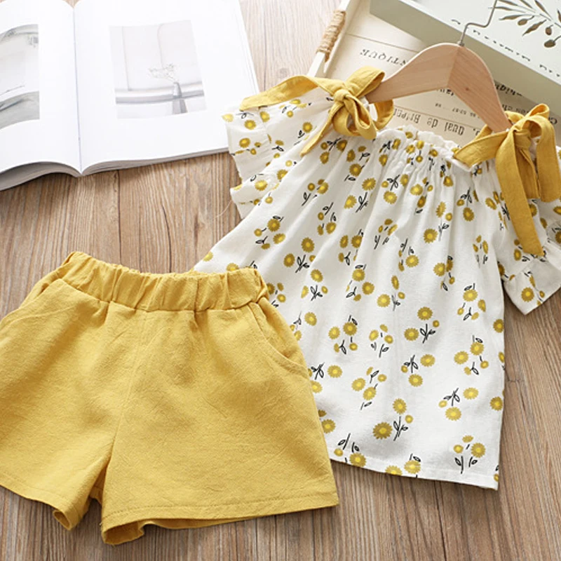 Bear Leader Casual Girls\' Clothing Set Summer Short Sleeved Lace Up Printed Top+solid Color Shorts Set 2-piece Cute Baby Set