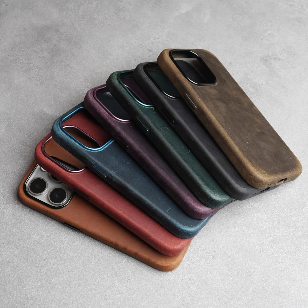 YMW Scratc Crazy Horse Genuine Leather Case for iPhone 15 14 Pro Max Plus 13 12 mini Magnetic PULL-UP Cowhide Phone Cover