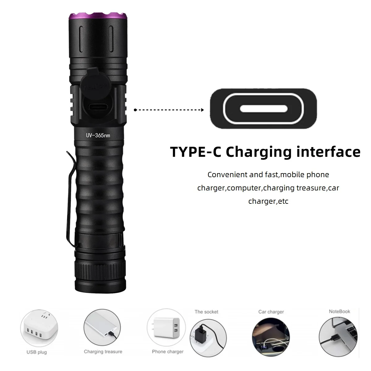 Zoom UV LED Flashlight 365 395nm Type-C Charging Invisible Ink Marker Cat Dog Urine Tinea Ore Money Scorpion Fluorescence Light