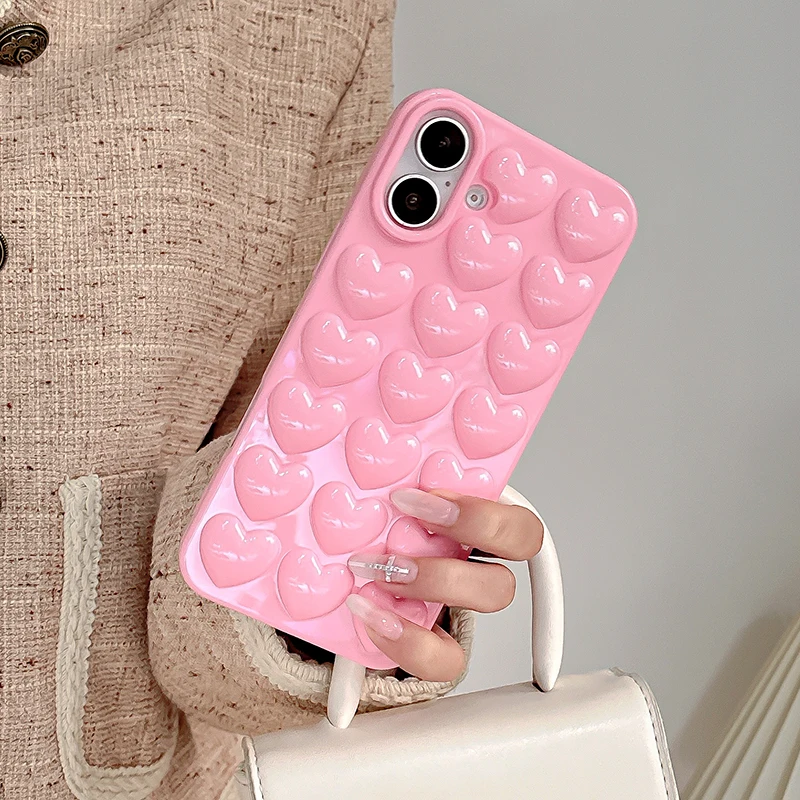 Pink 3D Bubble Pop Heart Cute Girly Phone Case For iPhone 16 15 14 13 12 11 Pro Max 16 Plus Soft Silicone Back Cover Funda