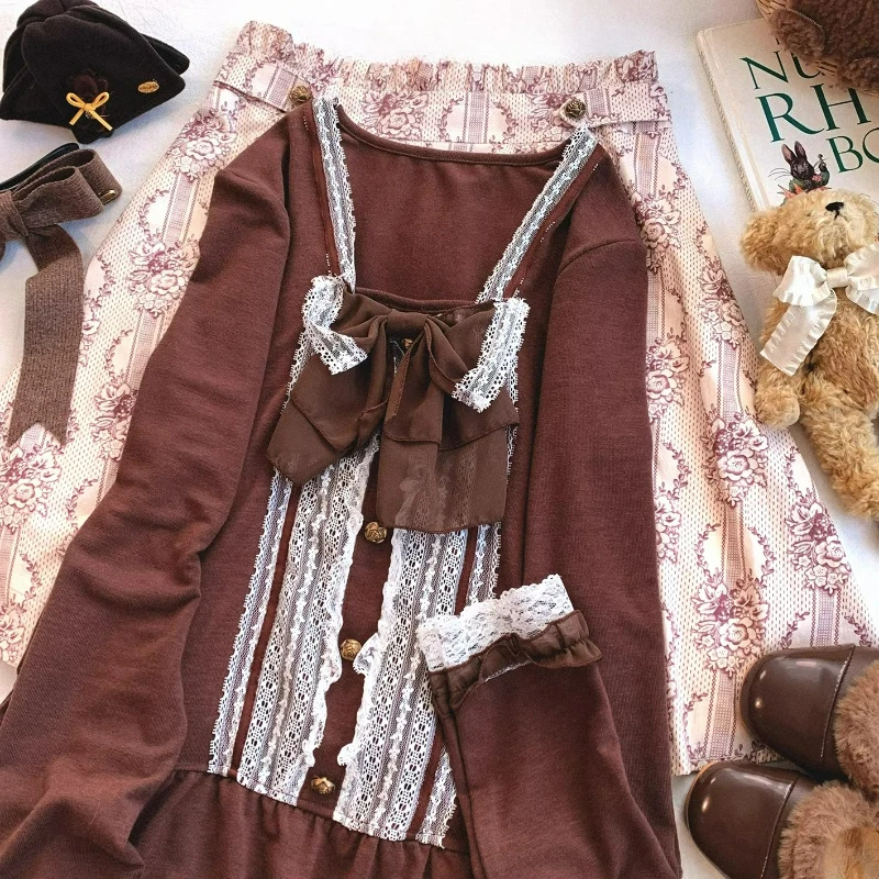 Japanese Sweet Lolita Style T Shirt Women Vintage Lace Bow Square Collar Long Sleeves Tees Autumn Y2k Aesthetic Cute Casual Tops