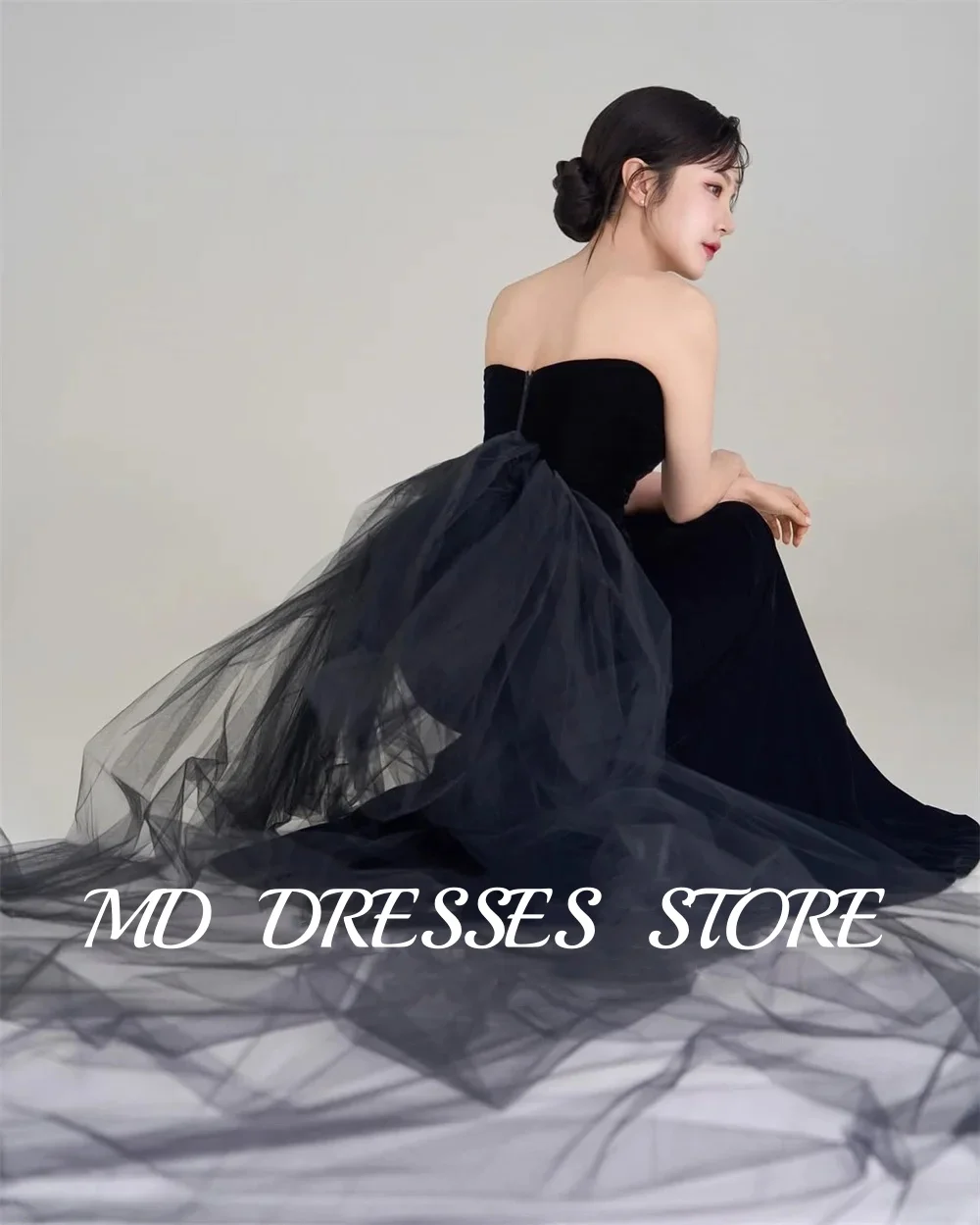 MD Black Mermaid Wedding Dresses Strapless Tulle Train Bride Gowns Pleat Korea Photoshoot Tiered with Gloves Customized 2025