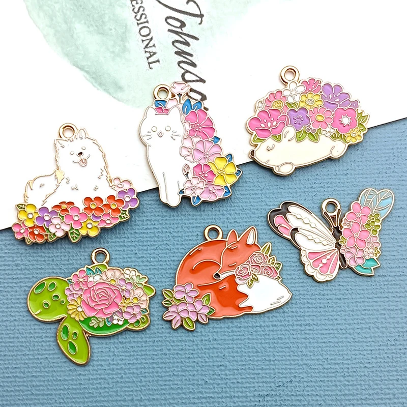 10pcs Fashion Summer Minimalist Metal Enamel Colorful Pet Cat Pendant, Girls' Boutique Butterfly And Fox Jewelry Accessories