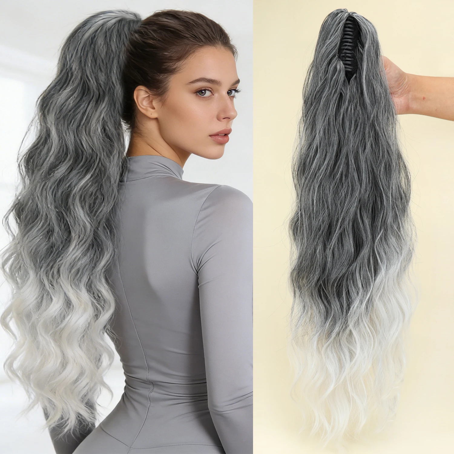 Synthetischer 26-Zoll-Wasserwellen-Haarclip, Pferdeschwanz, Schwarz, Blond, hitzebeständig, flauschiger, unordentlicher Pferdeschwanz, Haarverlängerungen für Frauen – Detail 5