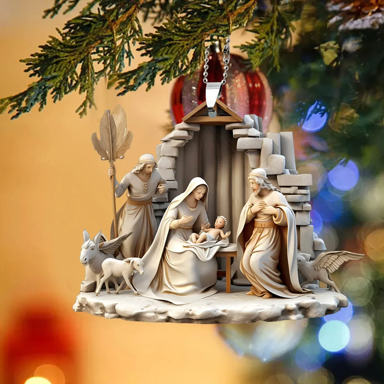 Christmas Tree Jesus Pendant Ornament Family Prayer Scene Pendant Bright Colored Car Decoration Pendant Home Decorations