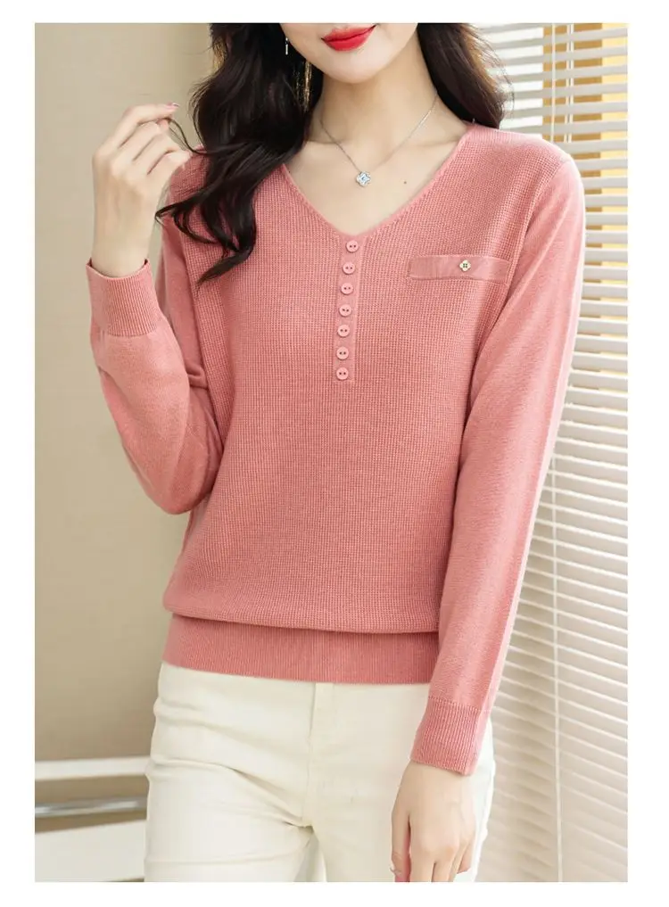 Spring Autumn Women\'s Clothing Solid Color Button Top Long Sleeve V-Neck Screw Thread Sweater Knitted Casual Elegant Tops