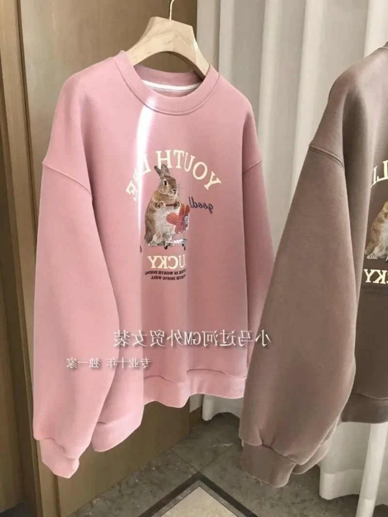 High Quality Winter Velvet Top Y2K Rabbit Cute Carrot Print Sweatshirt Hoodie Korean Loose Long Sleeve Pullover Funny Streetwear