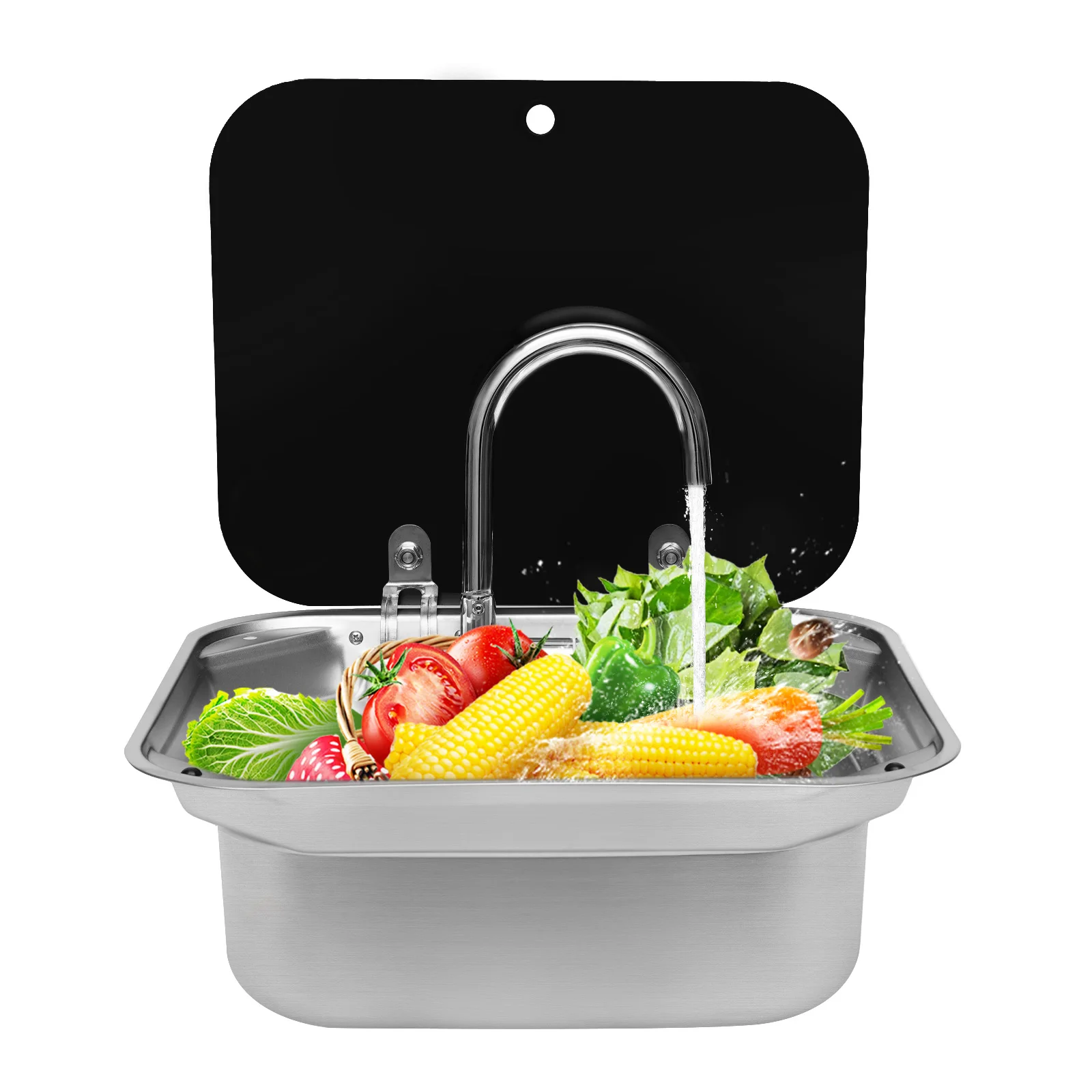 

Прямоугольная раковина для мытья рук с одной чашей и крышкой, подходит для кухонной раковины из нержавеющей стали Rv Caravan Camper (с краном)