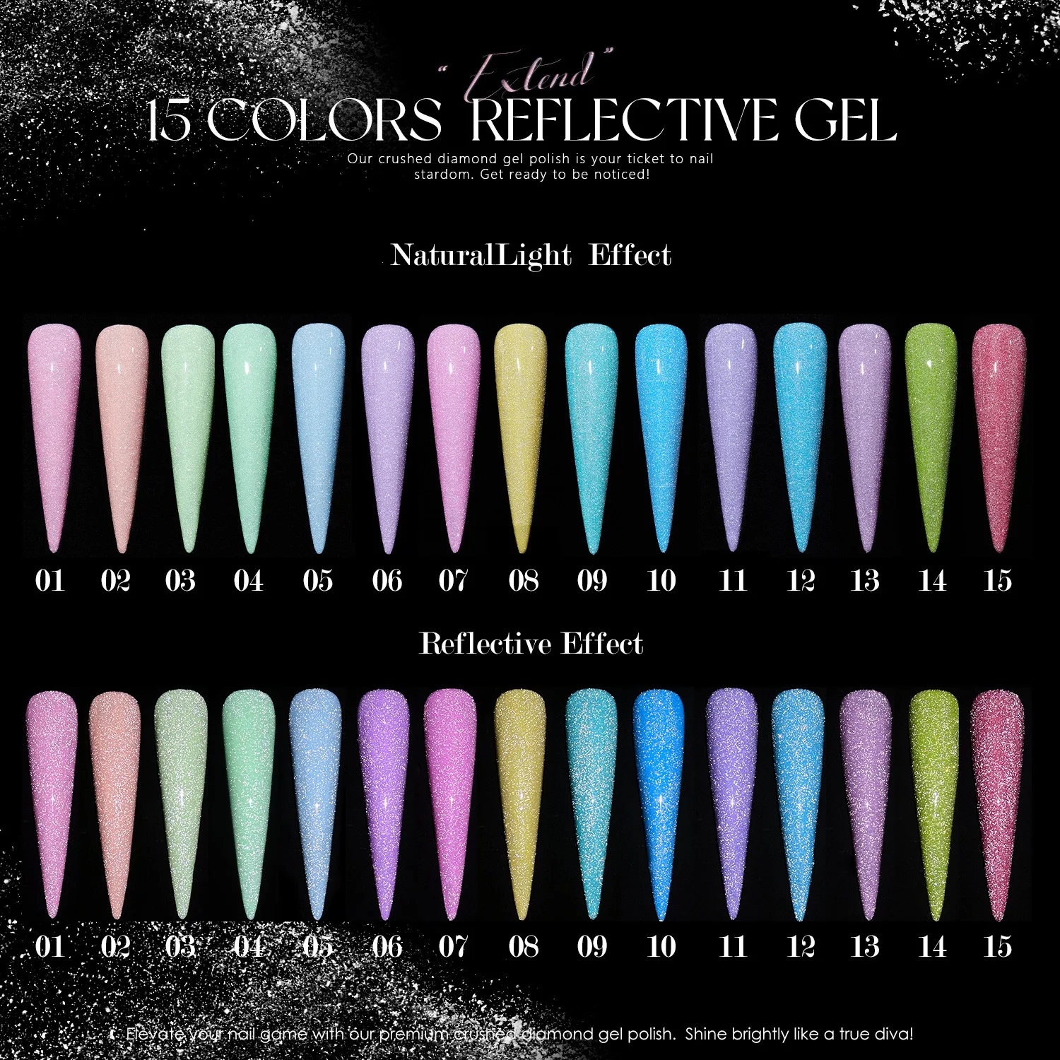 Vendeeni 15 colori fluorescente glitter diamante spezzato smalto gel lucido Soak Off UV LED gel vernici decorazione unghie artistiche