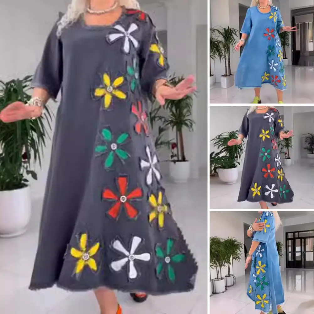 Lightweight Dress Women Printed Dress Elegant Floral Patch A-line Midi Dress with Ripped Hem Three Quarter Sleeves for Daily