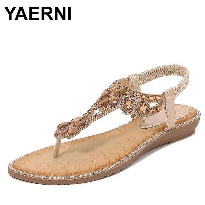 Летние модные женские сандалии на низком каблуке 1,5 см на платформе 2 см, женские эластичные повседневные сандалии большого размера с кристаллами, красочные богемные сандалии с бисером Летние модные женские сандалии на низком каблуке 1,5 см на платформе 2 см, женские эластичные повседневные сандалии большого размера с кристаллами, красочные богемные сандалии с бисером