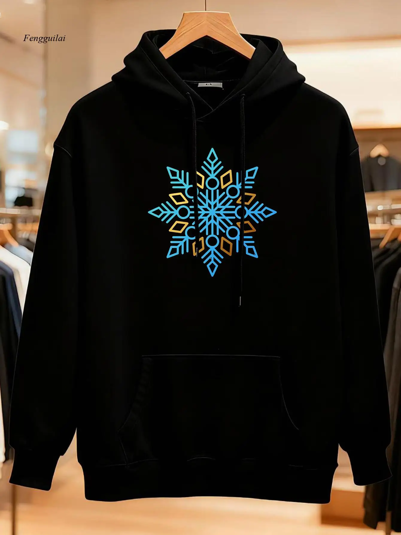 Christmas Print Hooded Sweatshirt with Reindeer & Snowflake Patterns - Warm Winter Pullover Sweater for Holiday Parties