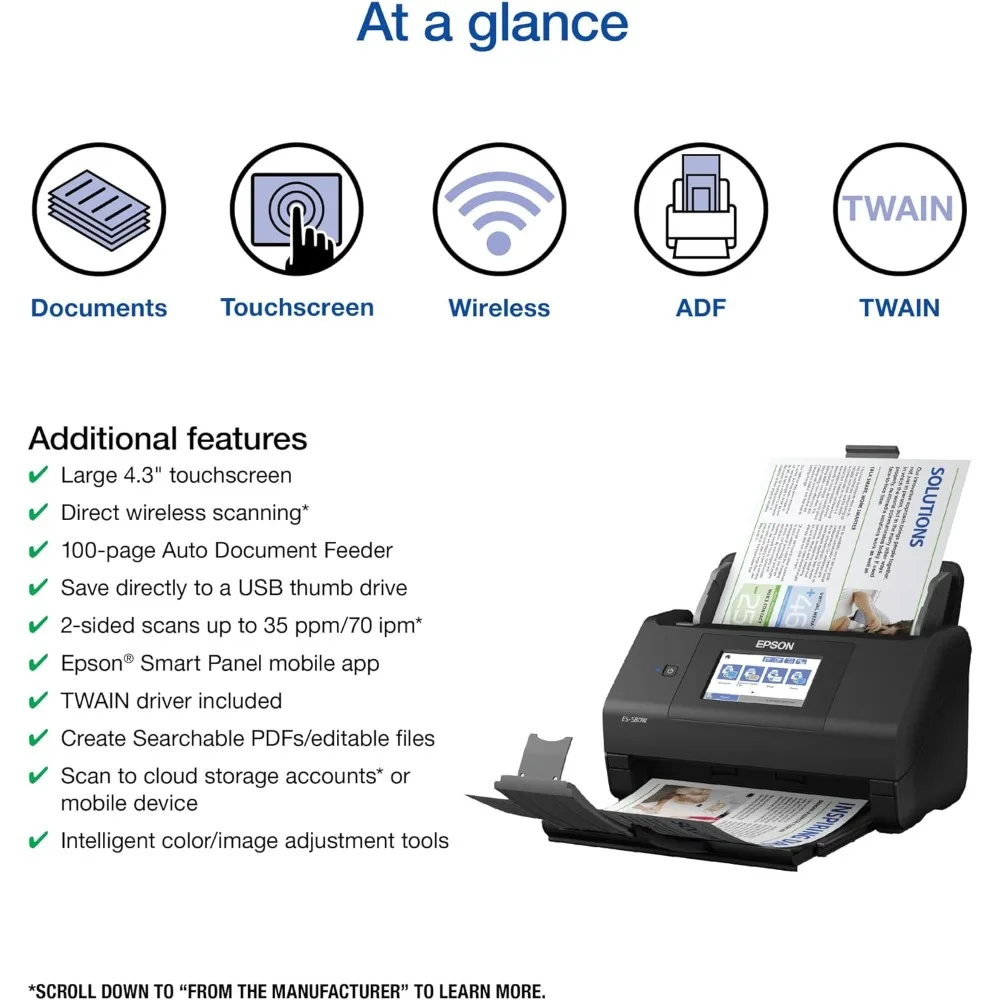 Scanner per documenti Desktop Duplex a colori Wireless Workforce ES-580W per PC e Mac con alimentatore automatico di documenti da 100 fogli