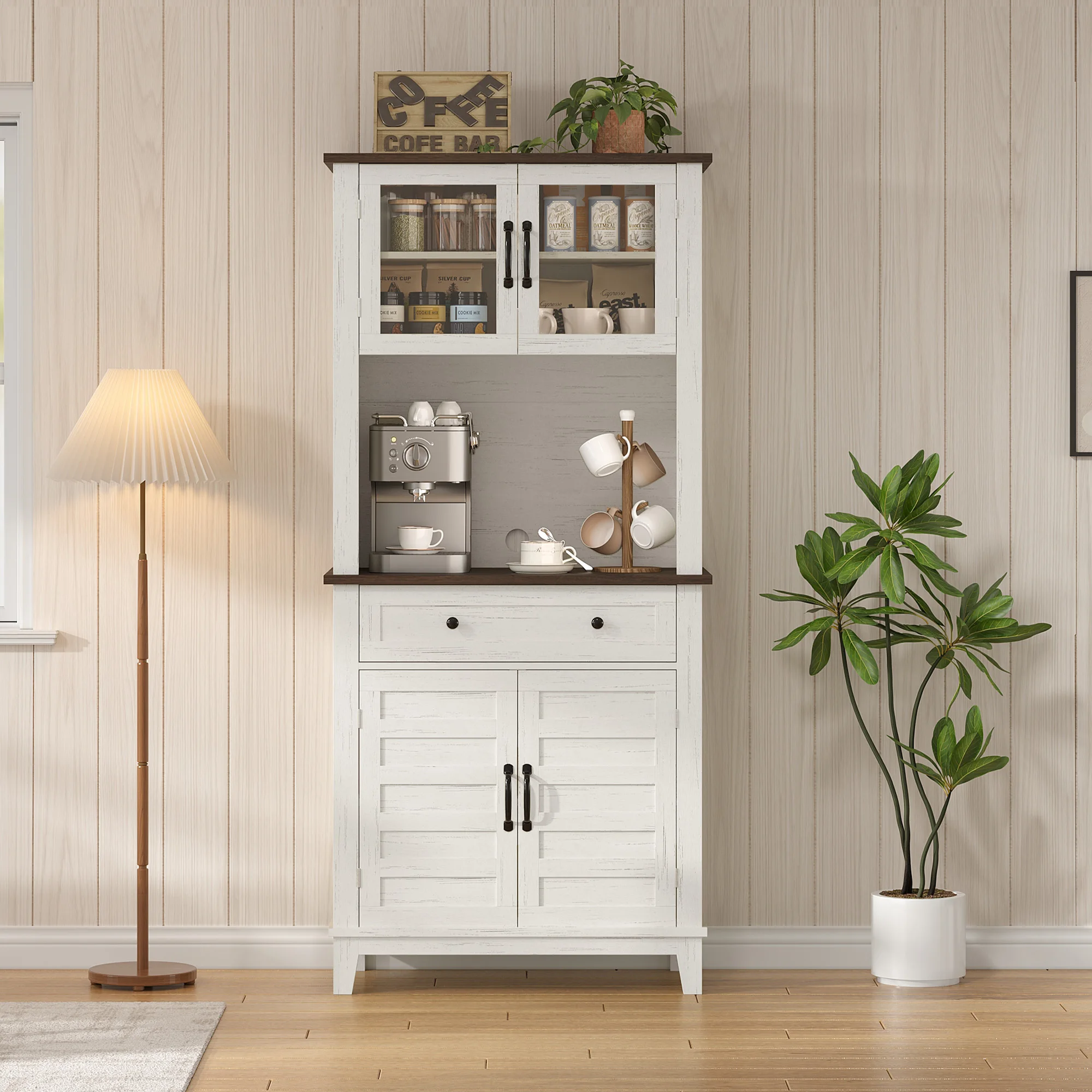 72 Inch Tall Wine Rack Pantry Cabinet, PB+MDF+Glass, Freestanding Kitchen Storage Cabinet with Adjustable Shelves & Glass Doors for Living Room & Kitchen